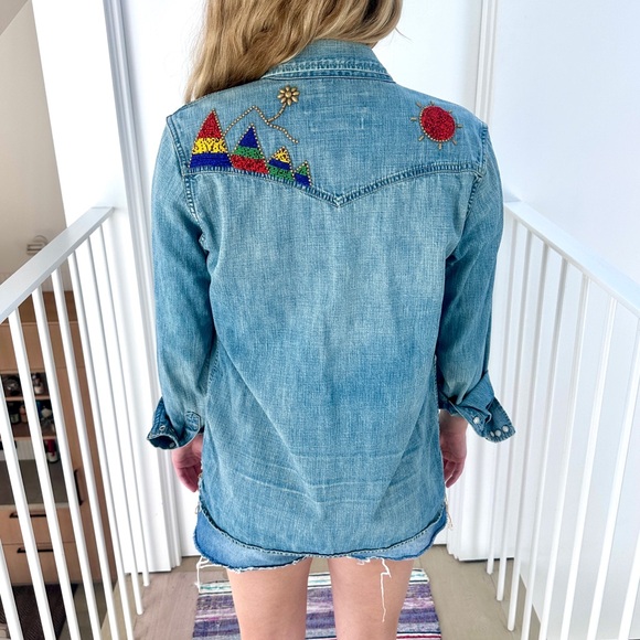 REMI RELIEF Distressed Embellished Denim Shirt - Picture 3 of 12